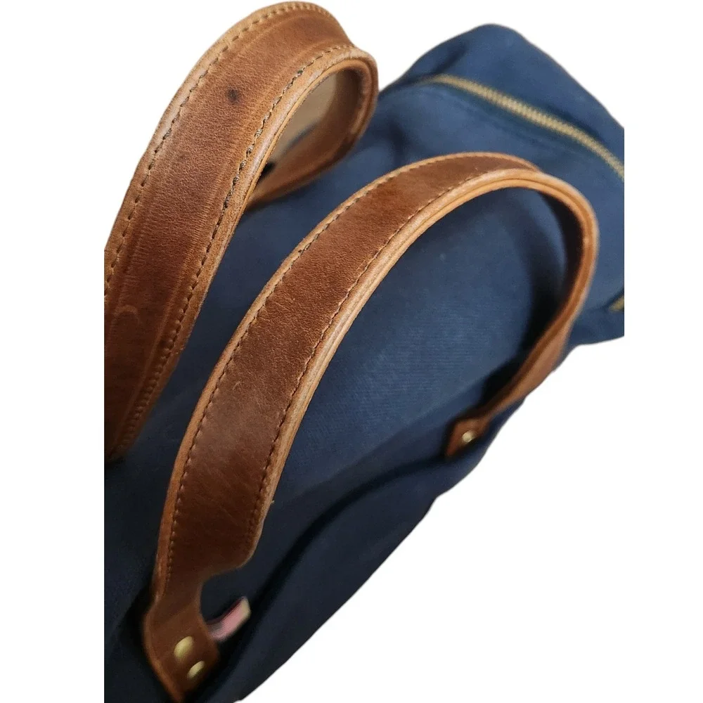 Hudson Sutler Navy Blue Medium Canvas Duffle Bag Leather Trim Medium 17x11x8‎